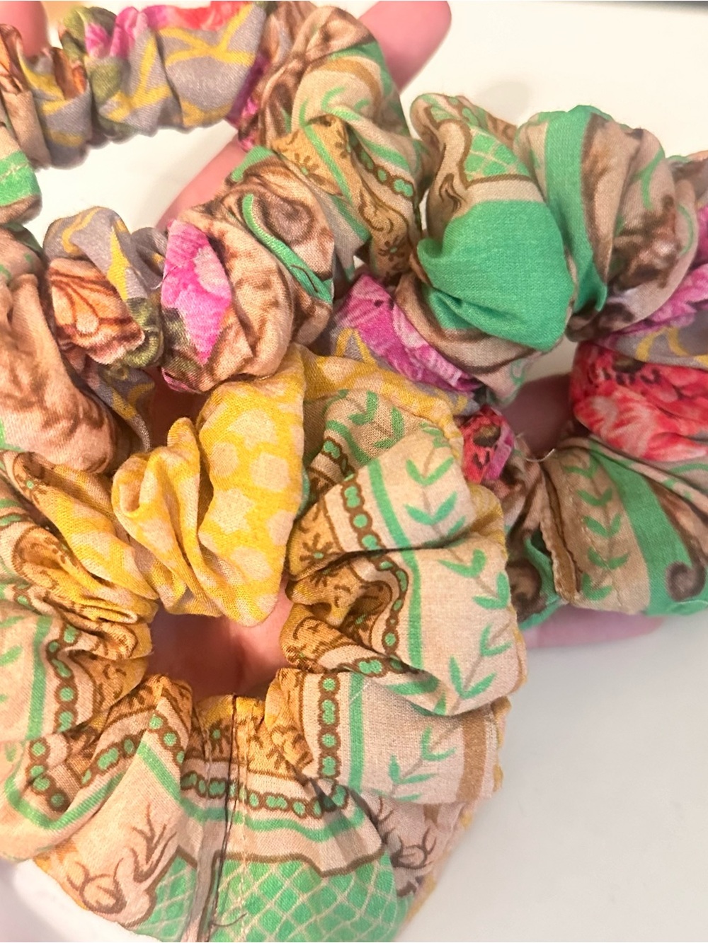 Floral Pattern Cotton Scrunchies - Multi Green, Yellow & Pink